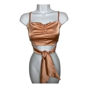 By the Way Revolve Women's Champagne Ruched Wrap Top Cropped Tie Waist Satin XS